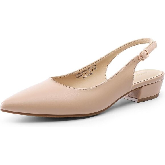 Shoes - 🆕Women Sling back Heel Pointed Closed Toe Low Block Pump Nude Faux Leather Part